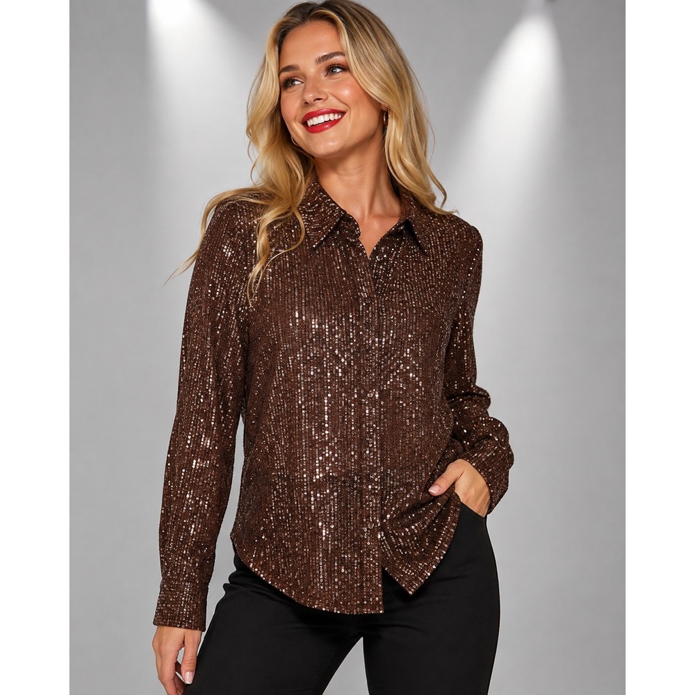 Halogen Brown Sequinβ Long Sleeve Button Down Snap Shirt Size L Holiday Glam NWT